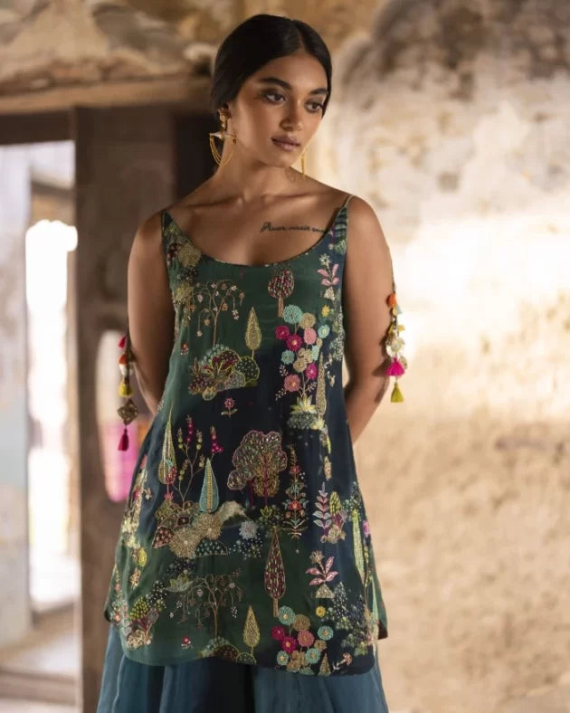 Nadira Teal Sharara Set by Rajiramniq in teal color for women in Singapore