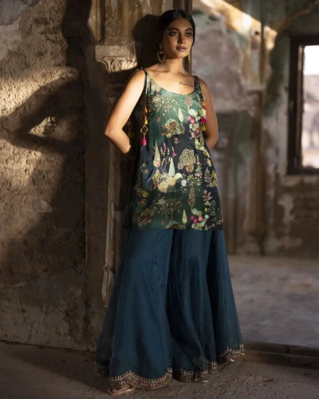 Nadira Teal Sharara Set by Rajiramniq in teal color for women in Singapore