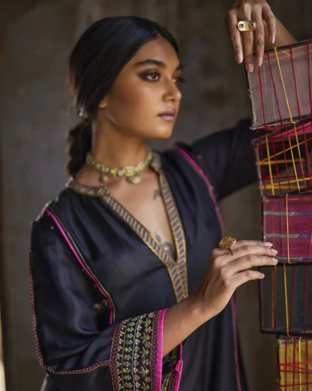 Nadira Black Silk Butti Back Yoke Kurta Set silk by Rajiramniq in black color for women in Singapore