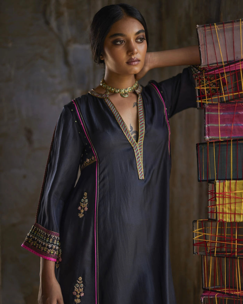 Nadira Black Silk Butti Back Yoke Kurta Set silk by Rajiramniq in black color for women in Singapore