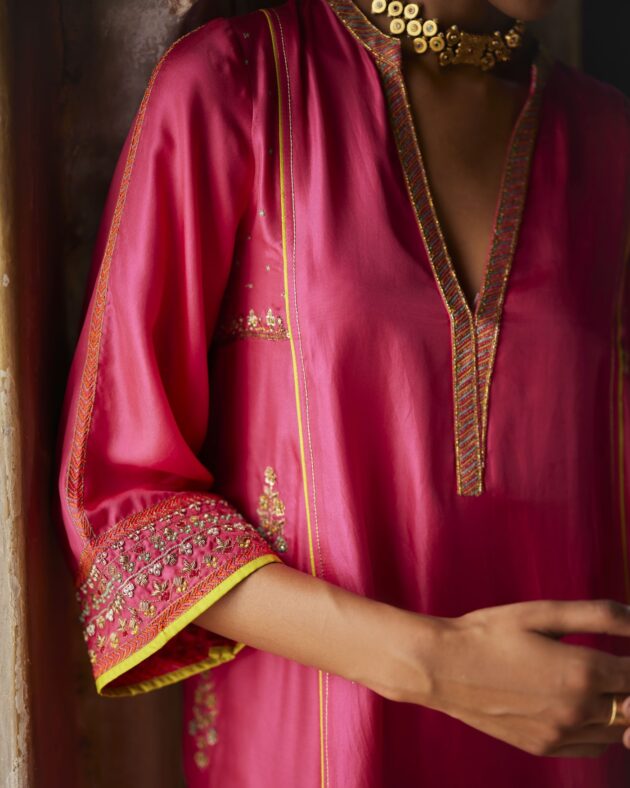 Nadira Hot Pink Silk Butti Back Yoke Kurta Set silk by Rajiramniq in pink color for women in Singapore