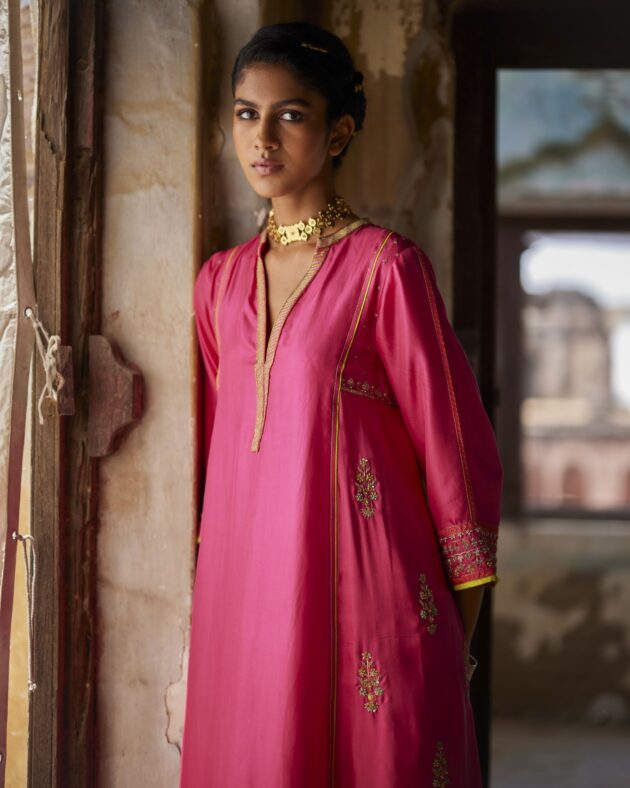 Nadira Hot Pink Silk Butti Back Yoke Kurta Set silk by Rajiramniq in pink color for women in Singapore