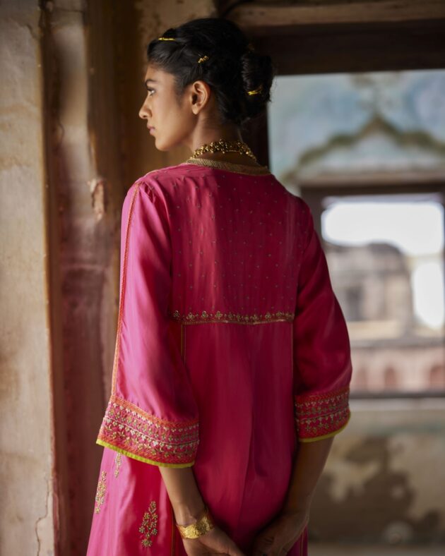 Nadira Hot Pink Silk Butti Back Yoke Kurta Set silk by Rajiramniq in pink color for women in Singapore
