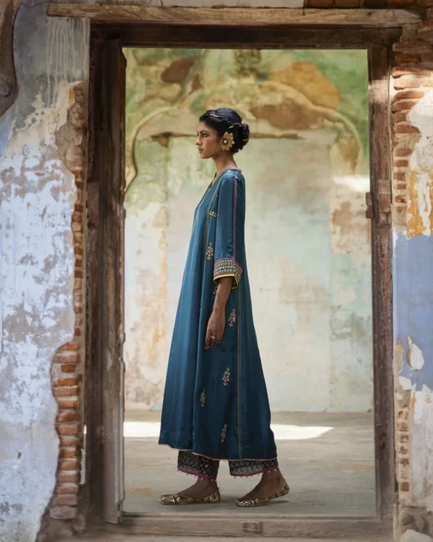 Nadira Teal Silk Butti Back Yoke Kurta Set silk by Rajiramniq in teal color for women in Singapore