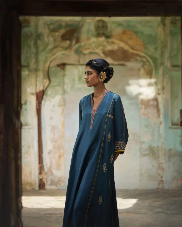 Nadira Teal Silk Butti Back Yoke Kurta Set silk by Rajiramniq in teal color for women in Singapore