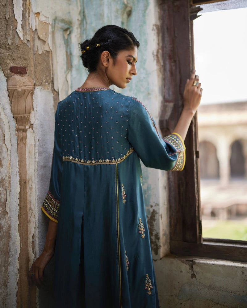 Nadira Teal Silk Butti Back Yoke Kurta Set silk by Rajiramniq in teal color for women in Singapore