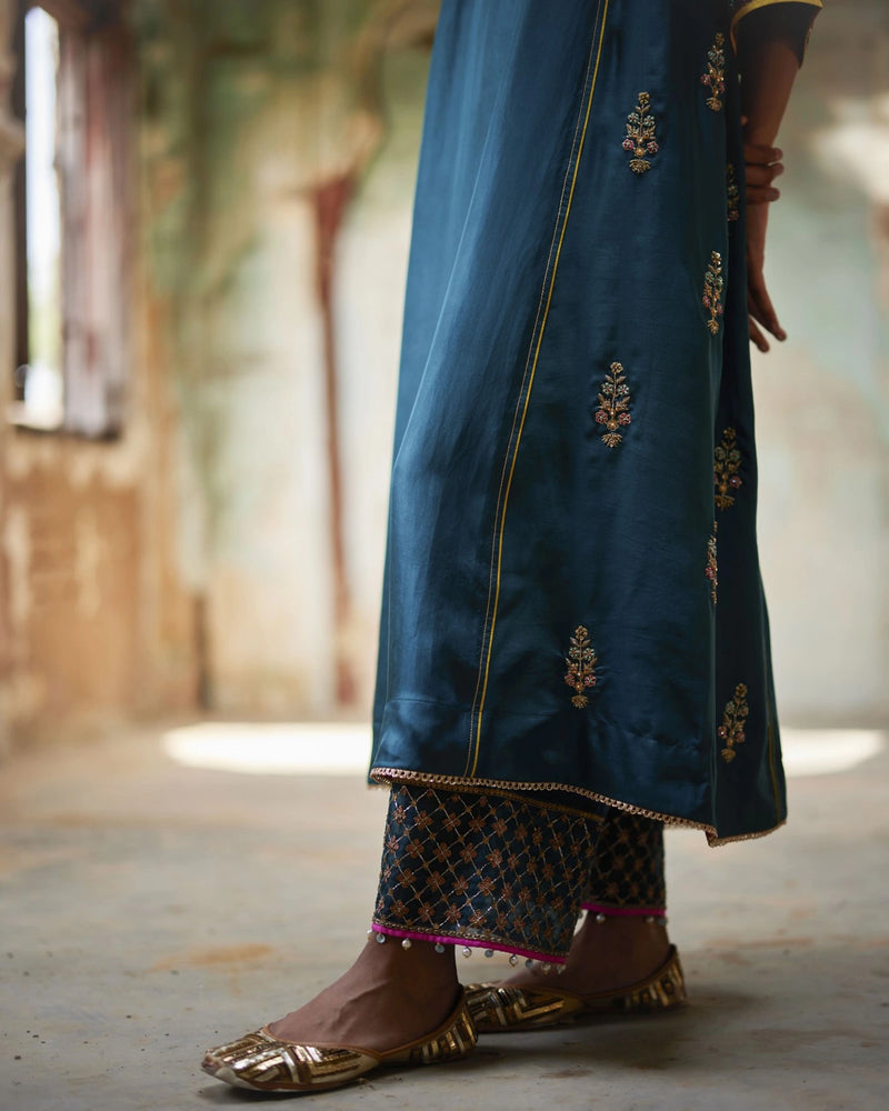 Nadira Teal Silk Butti Back Yoke Kurta Set silk by Rajiramniq in teal color for women in Singapore