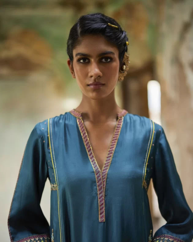 Nadira Teal Silk Butti Back Yoke Kurta Set silk by Rajiramniq in teal color for women in Singapore