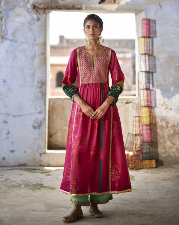 Nadira Magenta Front Puckering Kurta Set silk by Rajiramniq in pink color for women in Singapore