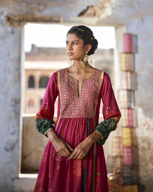 Nadira Magenta Front Puckering Kurta Set silk by Rajiramniq in pink color for women in Singapore