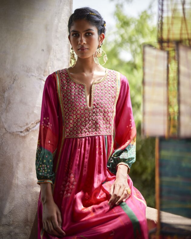 Nadira Magenta Front Puckering Kurta Set silk by Rajiramniq in pink color for women in Singapore