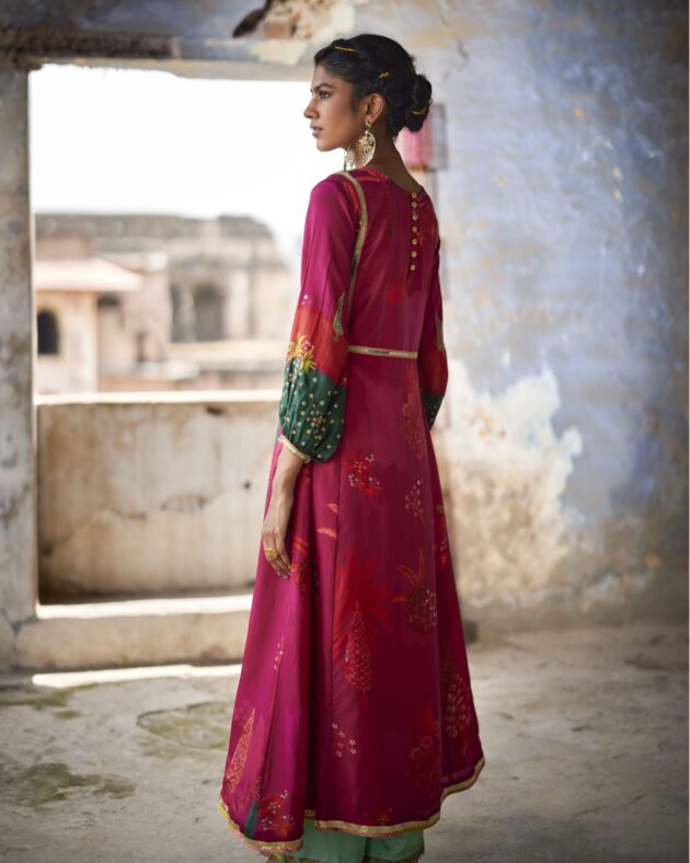 Nadira Magenta Front Puckering Kurta Set silk by Rajiramniq in pink color for women in Singapore
