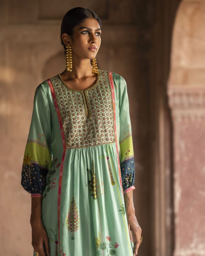 Nadira Powder Blue Front Puckering Kurta Set silk by Rajiramniq in green color for women in Singapore