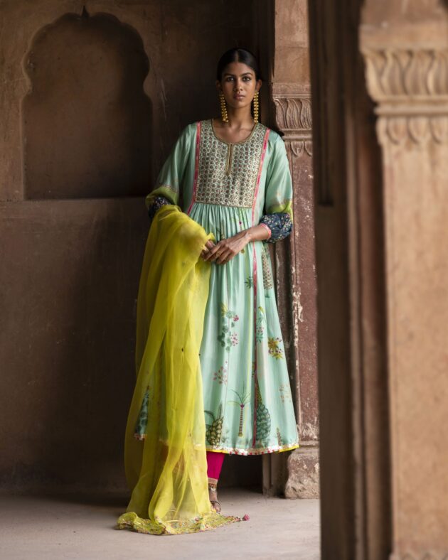 Nadira Powder Blue Front Puckering Kurta Set silk by Rajiramniq in green color for women in Singapore