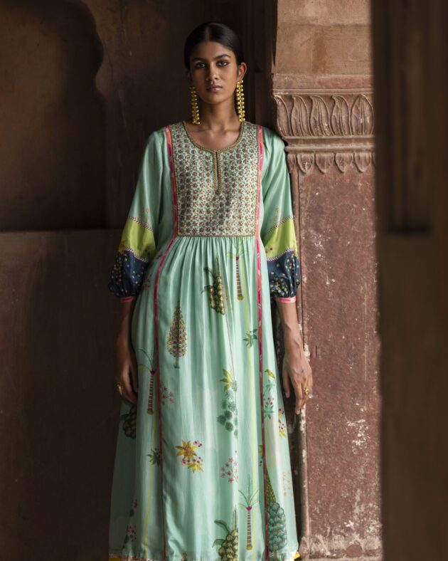 Nadira Powder Blue Front Puckering Kurta Set silk by Rajiramniq in green color for women in Singapore