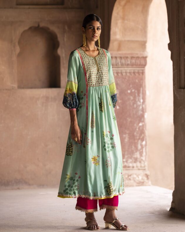 Nadira Powder Blue Front Puckering Kurta Set silk by Rajiramniq in green color for women in Singapore