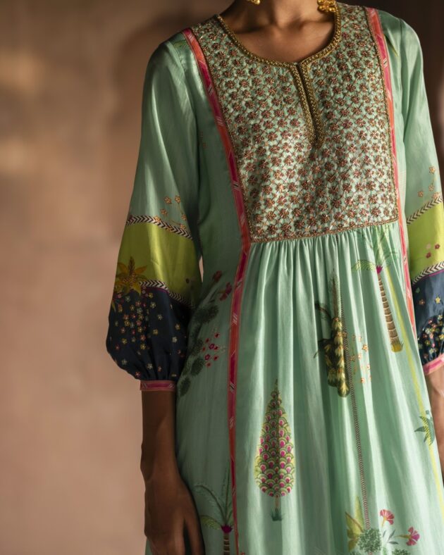Nadira Powder Blue Front Puckering Kurta Set silk by Rajiramniq in green color for women in Singapore