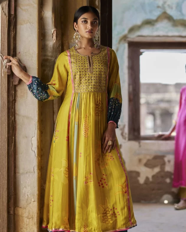 Nadira Lime Yellow Front Puckering Kurta Set silk by Rajiramniq in yellow color for women in Singapore
