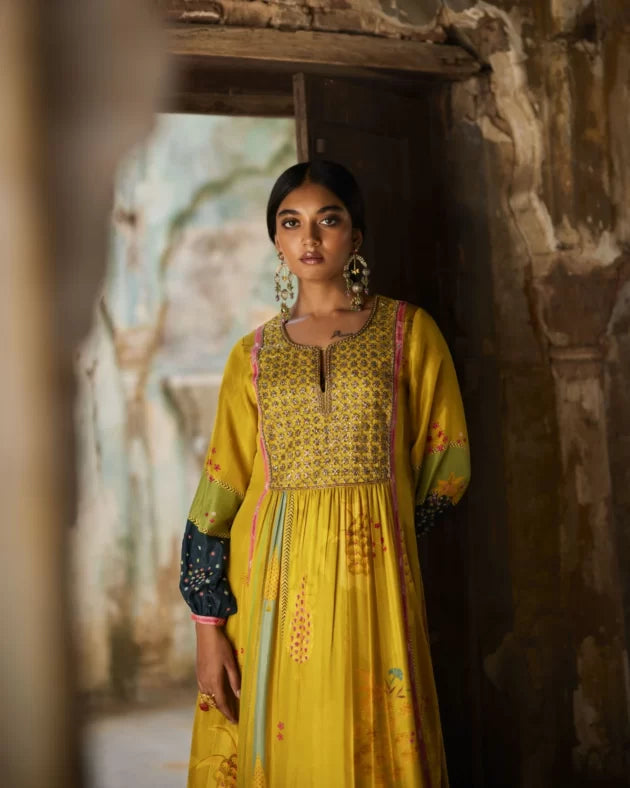 Nadira Lime Yellow Front Puckering Kurta Set silk by Rajiramniq in yellow color for women in Singapore