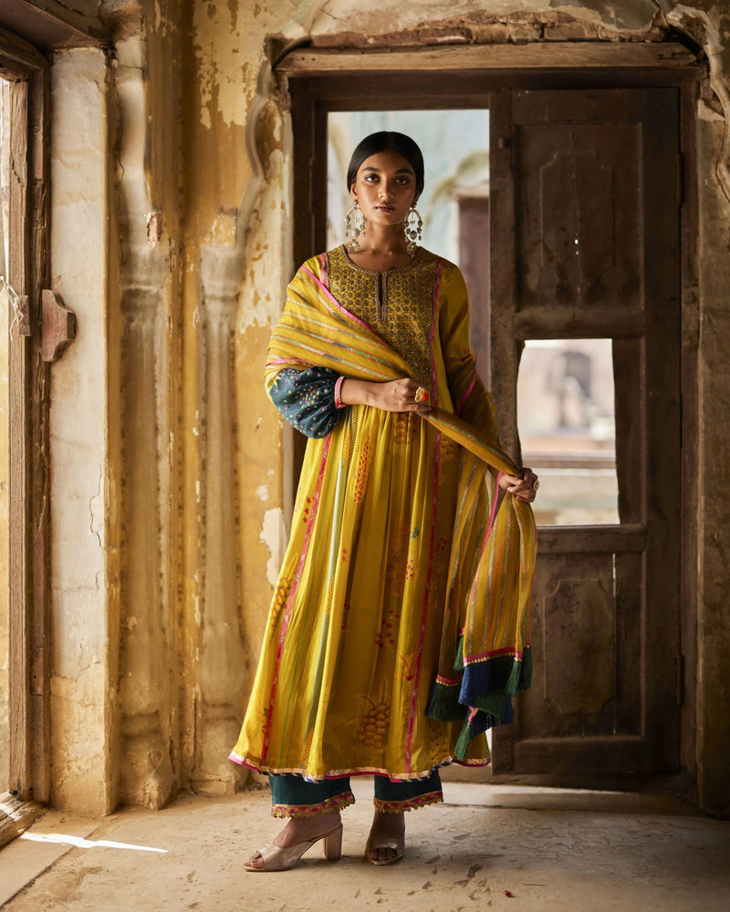 Nadira Lime Yellow Front Puckering Kurta Set silk by Rajiramniq in yellow color for women in Singapore
