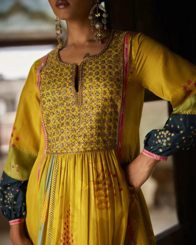 Nadira Lime Yellow Front Puckering Kurta Set silk by Rajiramniq in yellow color for women in Singapore