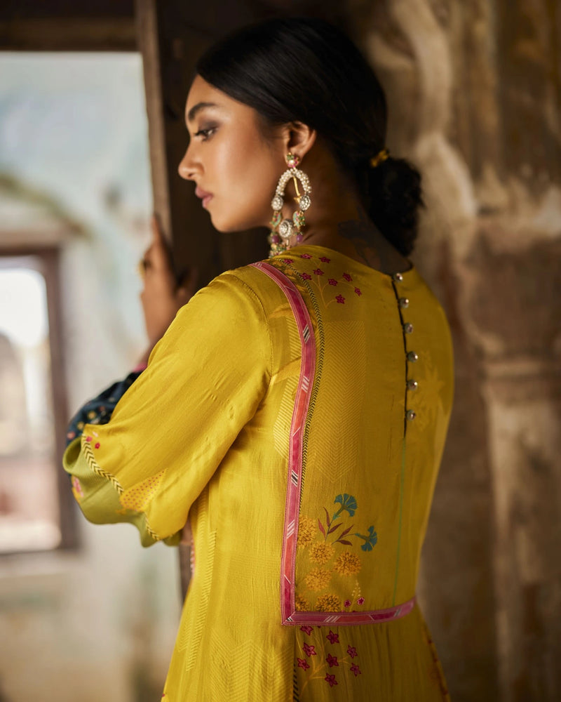 Nadira Lime Yellow Front Puckering Kurta Set silk by Rajiramniq in yellow color for women in Singapore
