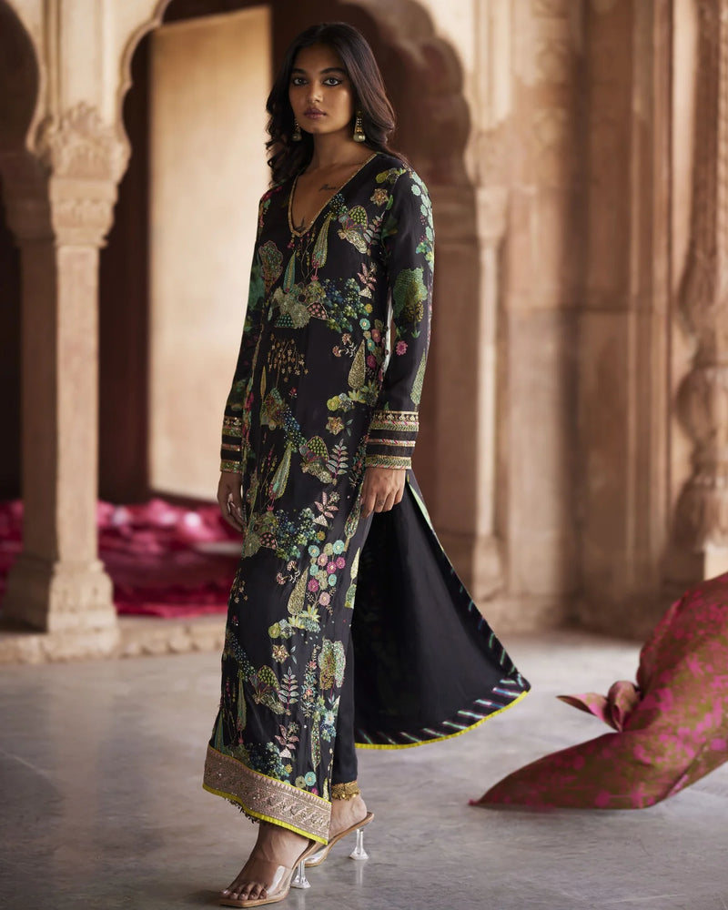 Nadira Black Kurta Set by Rajiramniq in black color for women in Singapore
