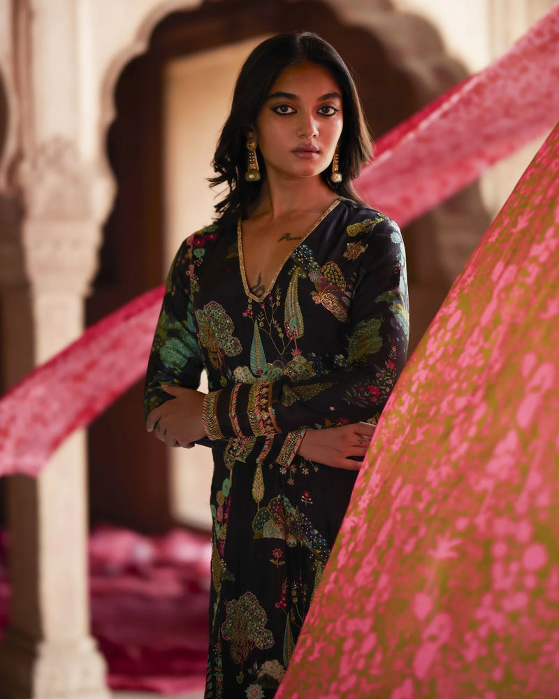 Nadira Black Kurta Set by Rajiramniq in black color for women in Singapore