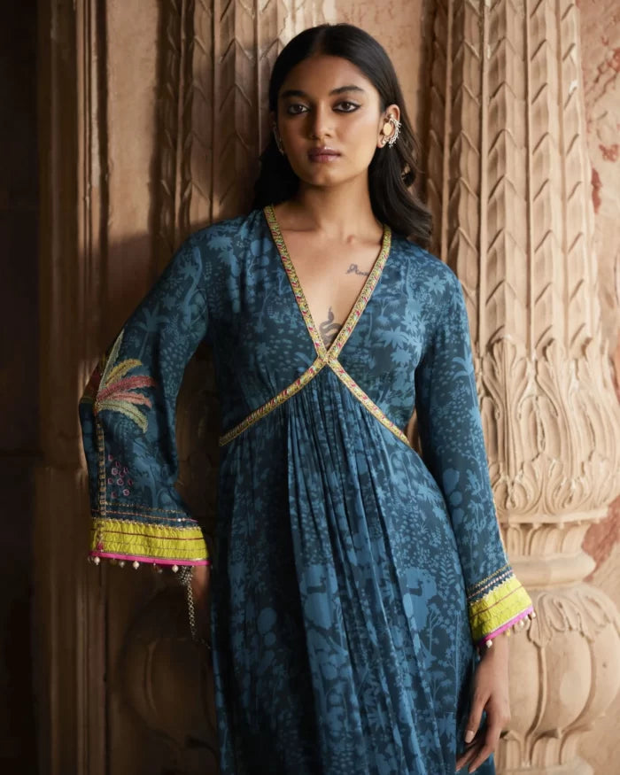 Nadira Teal Tree Bell Sleeve Kurta Set by Rajiramniq for women in Singapore