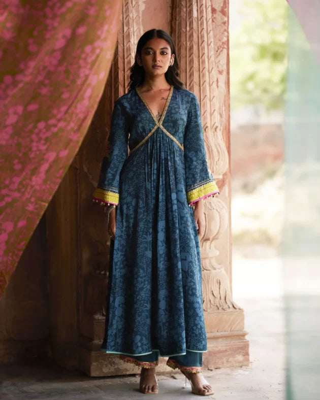 Nadira Teal Tree Bell Sleeve Kurta Set by Rajiramniq for women in Singapore