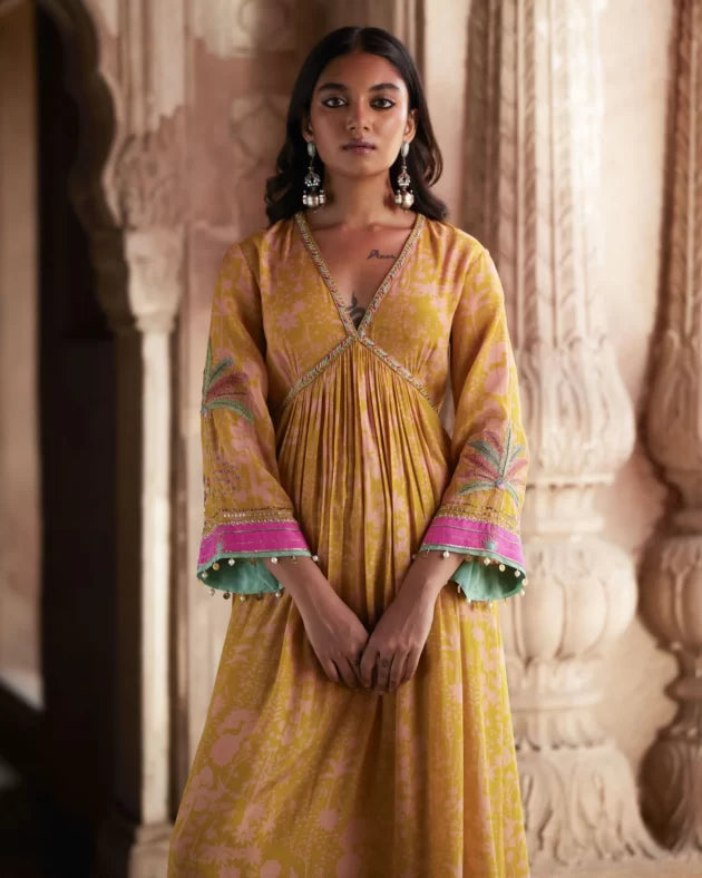 Nadira Yellow Tree Bell Sleeve Kurta Set by Rajiramniq in yellow color for women in Singapore