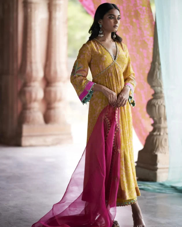 Nadira Yellow Tree Bell Sleeve Kurta Set by Rajiramniq in yellow color for women in Singapore