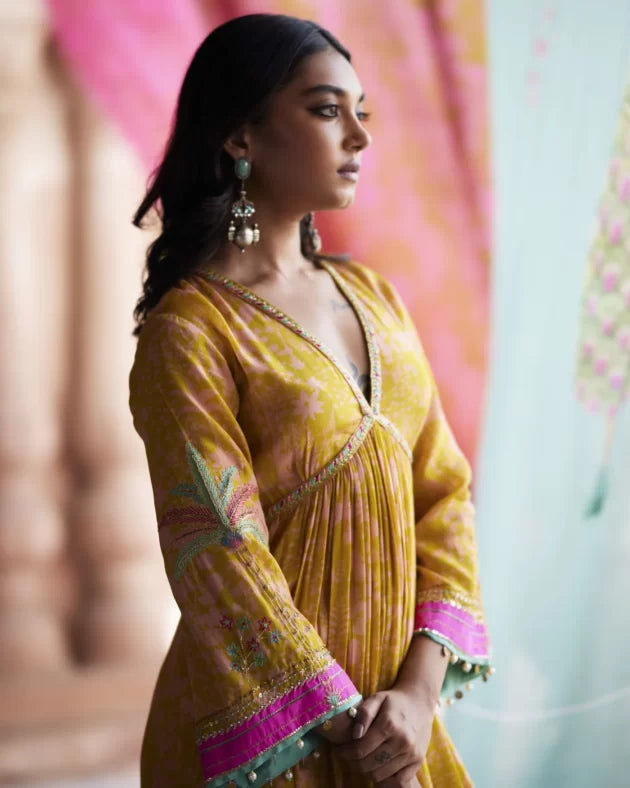 Nadira Yellow Tree Bell Sleeve Kurta Set by Rajiramniq in yellow color for women in Singapore