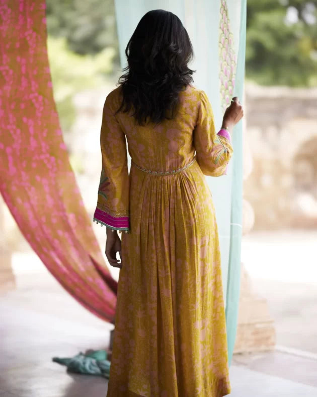 Nadira Yellow Tree Bell Sleeve Kurta Set by Rajiramniq in yellow color for women in Singapore