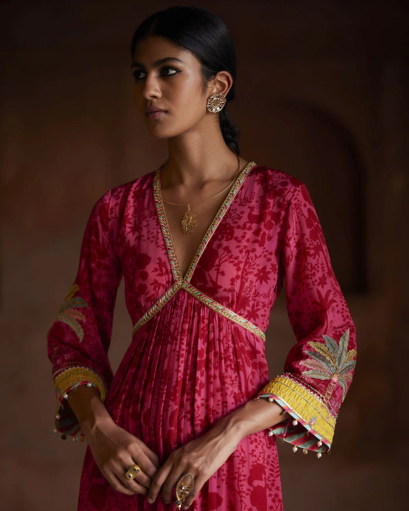 Nadira Hot Pink Tree Bell Sleeve Kurta Set by Rajiramniq for women in Singapore