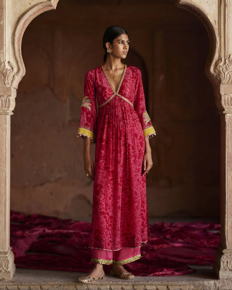 Nadira Hot Pink Tree Bell Sleeve Kurta Set by Rajiramniq for women in Singapore