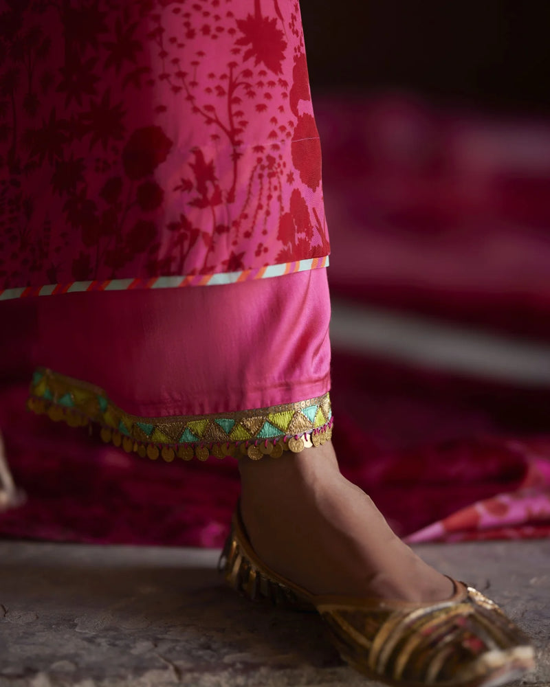 Nadira Hot Pink Tree Bell Sleeve Kurta Set by Rajiramniq for women in Singapore