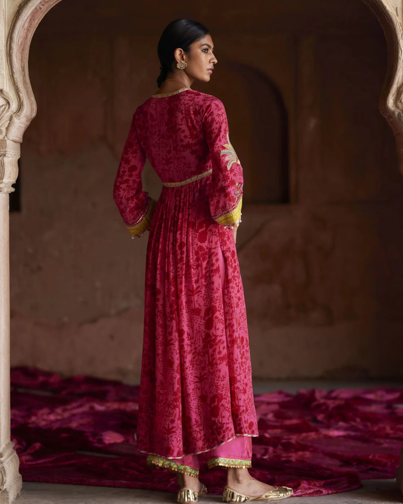 Nadira Hot Pink Tree Bell Sleeve Kurta Set by Rajiramniq for women in Singapore