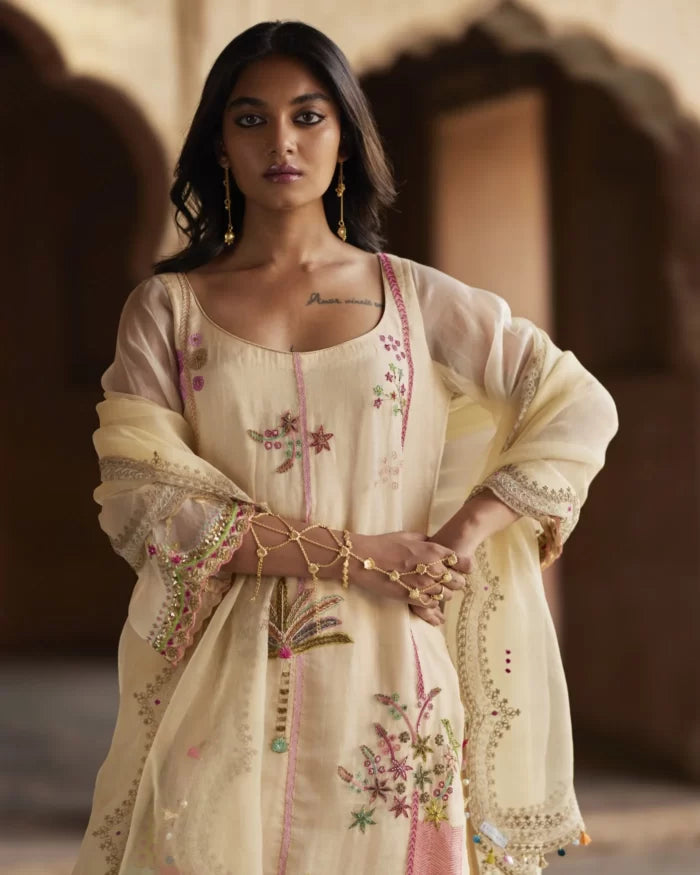 Nadira Ivory Organza Kurta Set organza by Rajiramniq in ivory color for women in Singapore