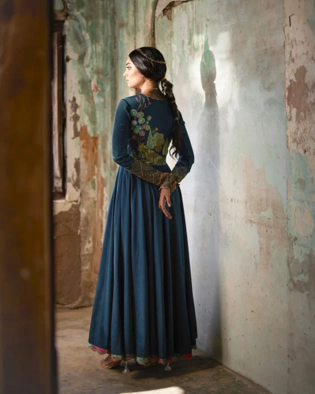 Nadira Teal Anarkali Set by Rajiramniq in teal color for women in Singapore