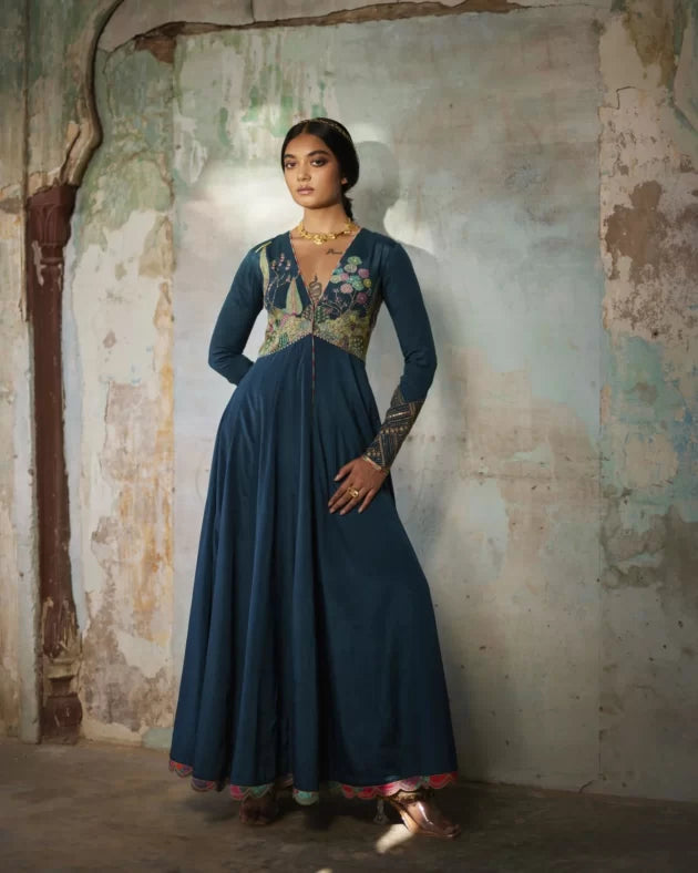Nadira Teal Anarkali Set by Rajiramniq in teal color for women in Singapore