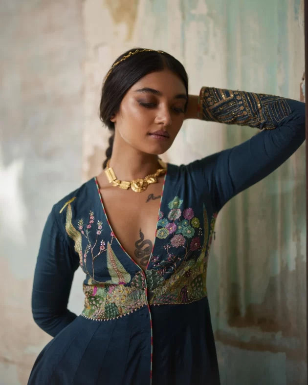 Nadira Teal Anarkali Set by Rajiramniq in teal color for women in Singapore