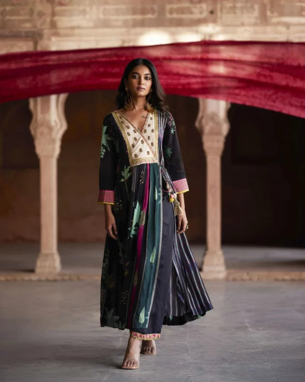 Nadira Black Pintuck Angrakha Kurta Set by Rajiramniq for women in Singapore