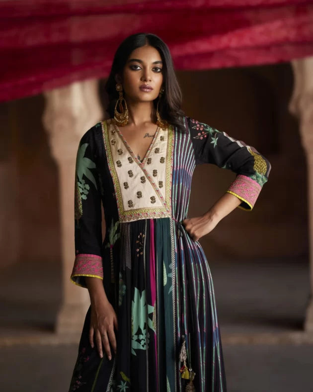 Nadira Black Pintuck Angrakha Kurta Set by Rajiramniq for women in Singapore