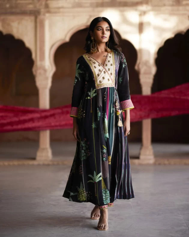 Nadira Black Pintuck Angrakha Kurta Set by Rajiramniq for women in Singapore