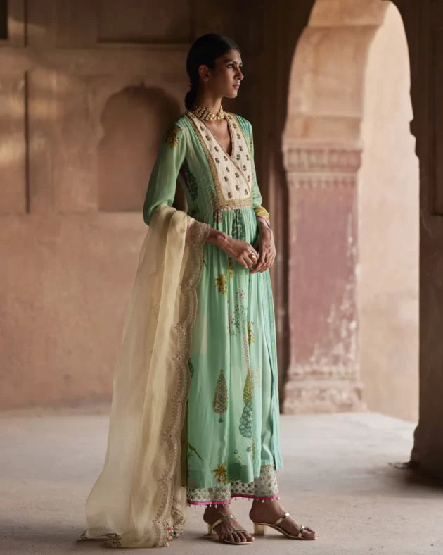 Nadira Powder Blue Pintuck Angrakha Kurta Set by Rajiramniq for women in Singapore