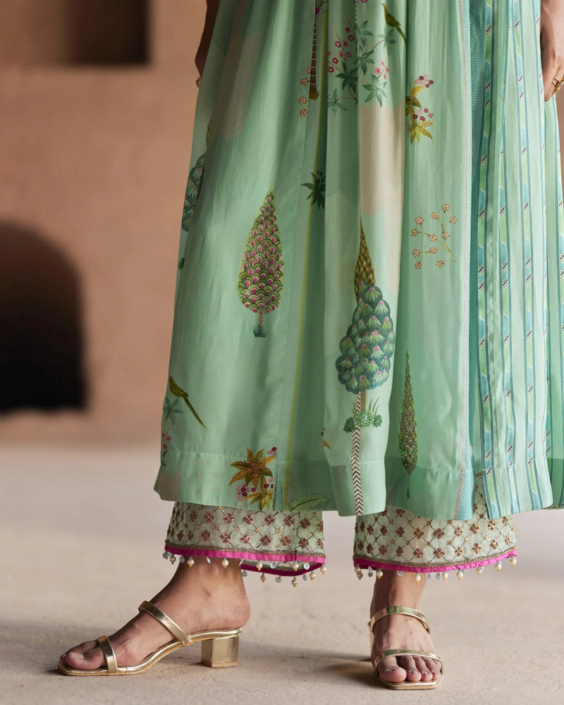 Nadira Powder Blue Pintuck Angrakha Kurta Set by Rajiramniq for women in Singapore