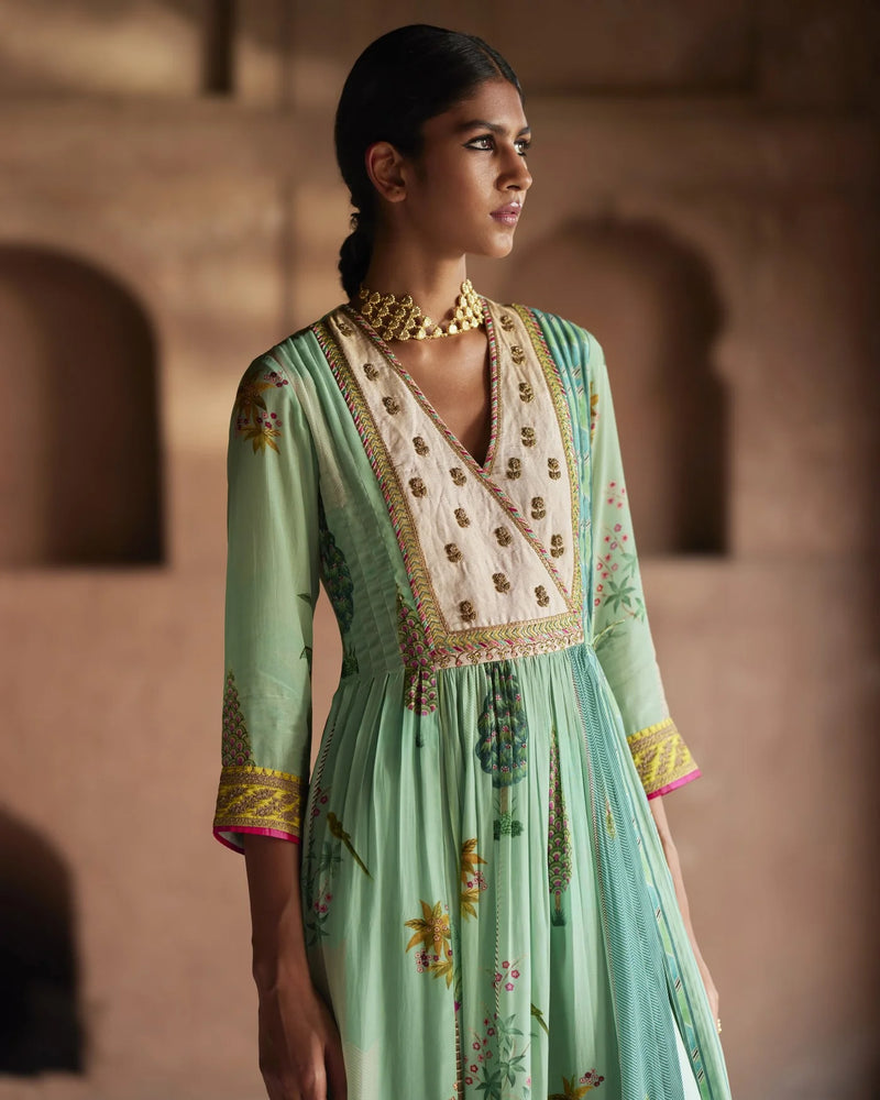 Nadira Powder Blue Pintuck Angrakha Kurta Set by Rajiramniq for women in Singapore