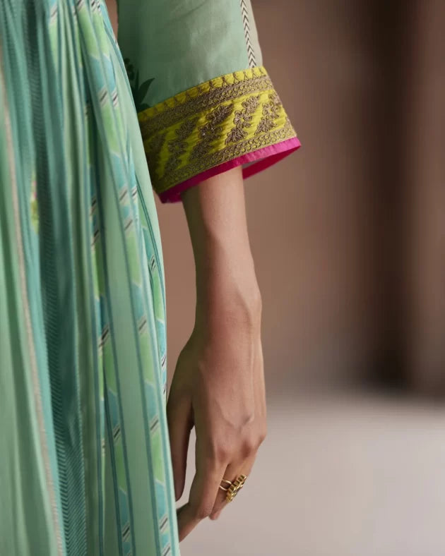 Nadira Powder Blue Pintuck Angrakha Kurta Set by Rajiramniq for women in Singapore