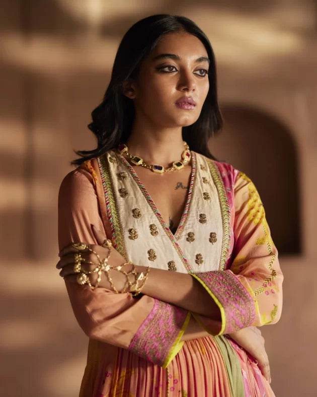 Nadira Pinkish Peach Pintuck Angrakha Kurta Set mul by Rajiramniq in multi color for women in Singapore